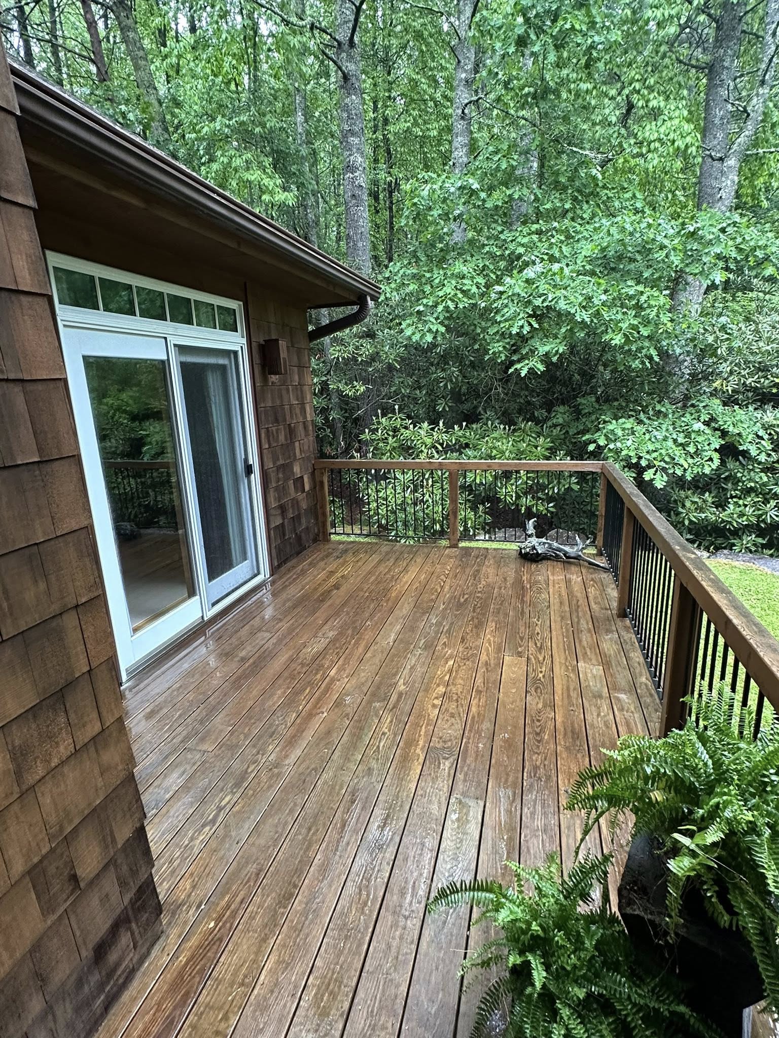 Wet wooden deck with black metal balusters after cleaning